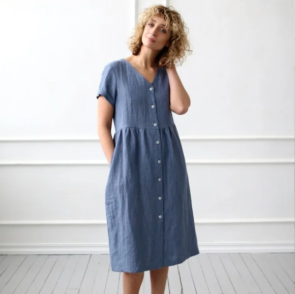 OffOn Linen Dress With Buttons In Denim Chambray Blue Small - Picture 3 of 5